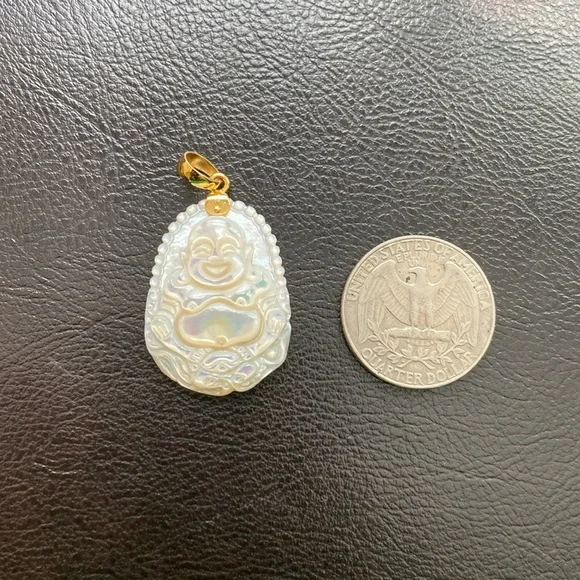 14K Solid Real Gold Carving Happy Laughing Buddha Shell Pearl Pendant